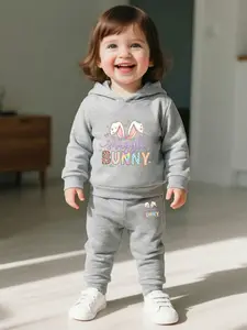 Baby Girls Casual Set Hoodie and Sweatpants, Easter Cartoon Bunny Ears Colorful Letter Print, Comfortable Fit, All Seasons Wear