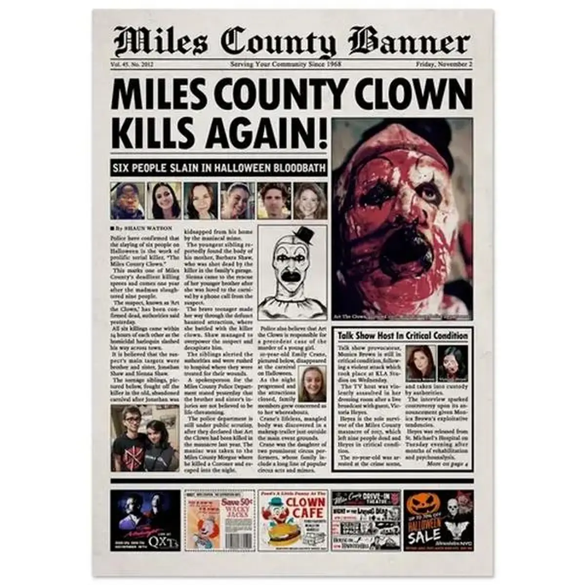 Terrifier 2 Newspaper Poster Photo Print - 24x36 Artistic Creative Design Print, Lightweight Classic Horror Wall Art, Vintage Home Decor, Collectible Gift for Horror Enthusiasts