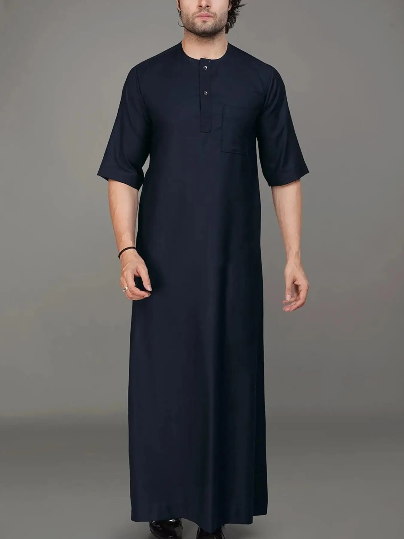 Men's Solid Color Pocket Round Neck Robe, Loose Casual Comfy Half Sleeve Crew Neck Muslim Robe for Daily Wear, Men's Islamic Clothing for All Seasons