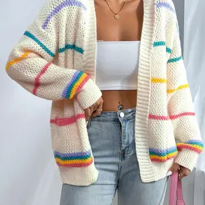 Women's Striped Print Open Front Cardigan, Casual Drop Shoulder Long Sleeve Pocket Cardigan for Fall & Winter, Ladies' Knit Clothing for Daily Wear