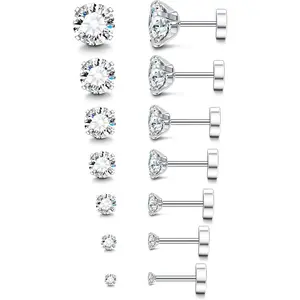 Trendy Hypoallergenic Nap Safe No Poke Flat Back Earrings for Women Men 20G Surgical Steel for Sensitive Ears 14K Gold Plated Birthstone Cubic Zirconia Studs Cartilage Silver Earring Stacks