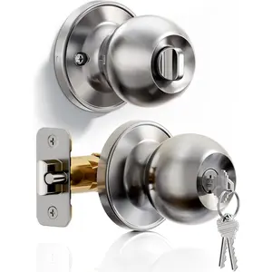 Keyed Entry Door Knob, Bedroom Door Lock with Keys, Heavy-Duty Rust-Proof Construction, Door Handle for Exterior Interior Security, Easy to Install, Brushed Nickel