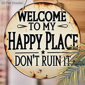 Welcome To My Happy Place Round Wooden, 1 Count Farmhouse Durable Decorative Sign, Wooden Home Sign, Easy To Hanging Decoration for Bedrooms, Kitchens, Garden, Cottage & Porch, Signage
