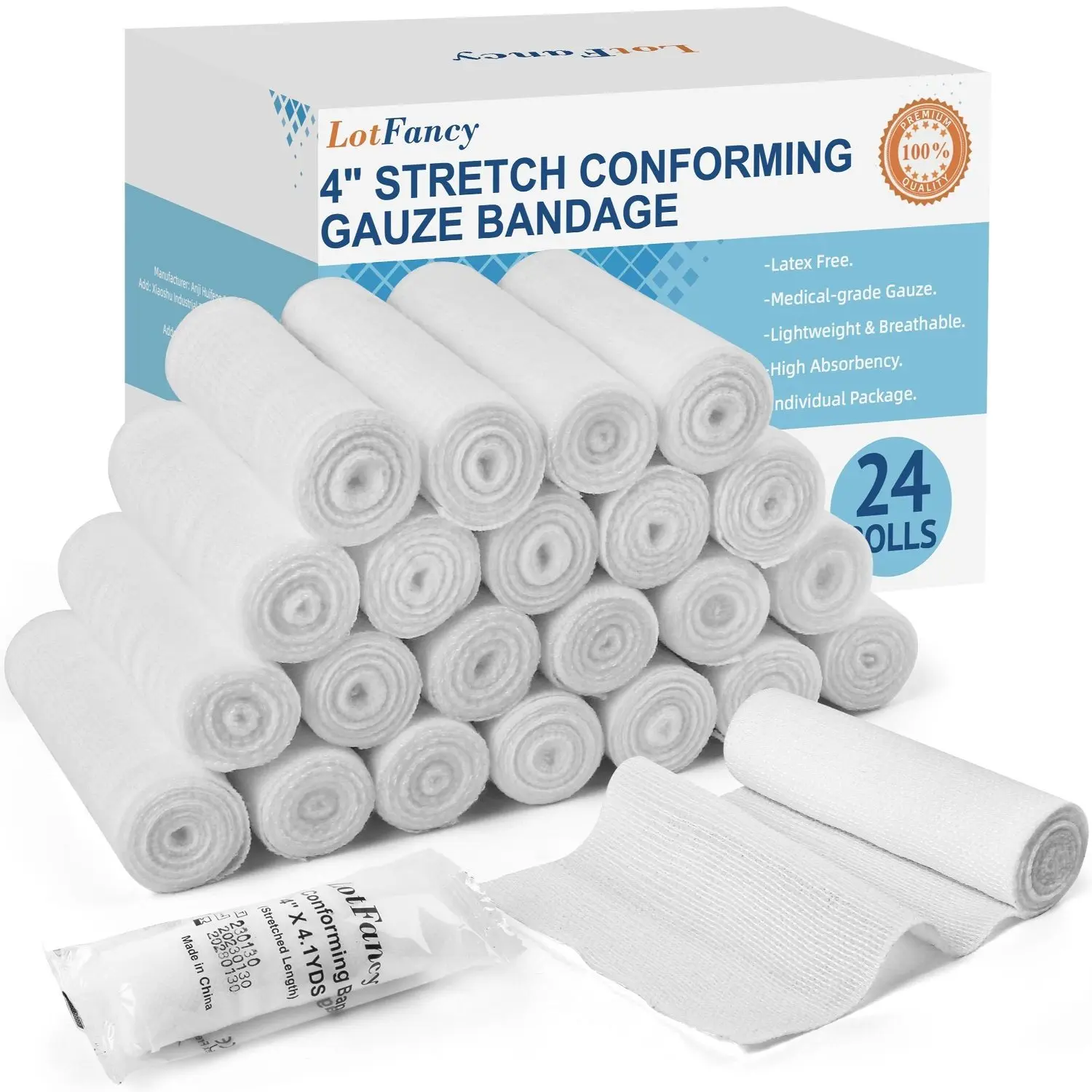 Lotfancy Individually Wrapped Stretch Gauze Roll for First Aid Latex-Free, Bandage for Wrist, Knee, Hemostasis, Outdoor Use, Gauze Bandage Roll, 24 Count Gauze Wrap, 4 Inch X 4 Yards Stretched, Conforming Gauze Rolls, Care Supplies