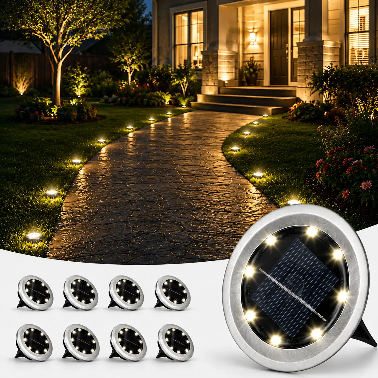 8-Pack Mini Stainless Steel Solar Ground Lights, Waterproof Solar Outdoor Landscape Lights with Batteries, Garden Driveway Walkway Festive Decor Lights