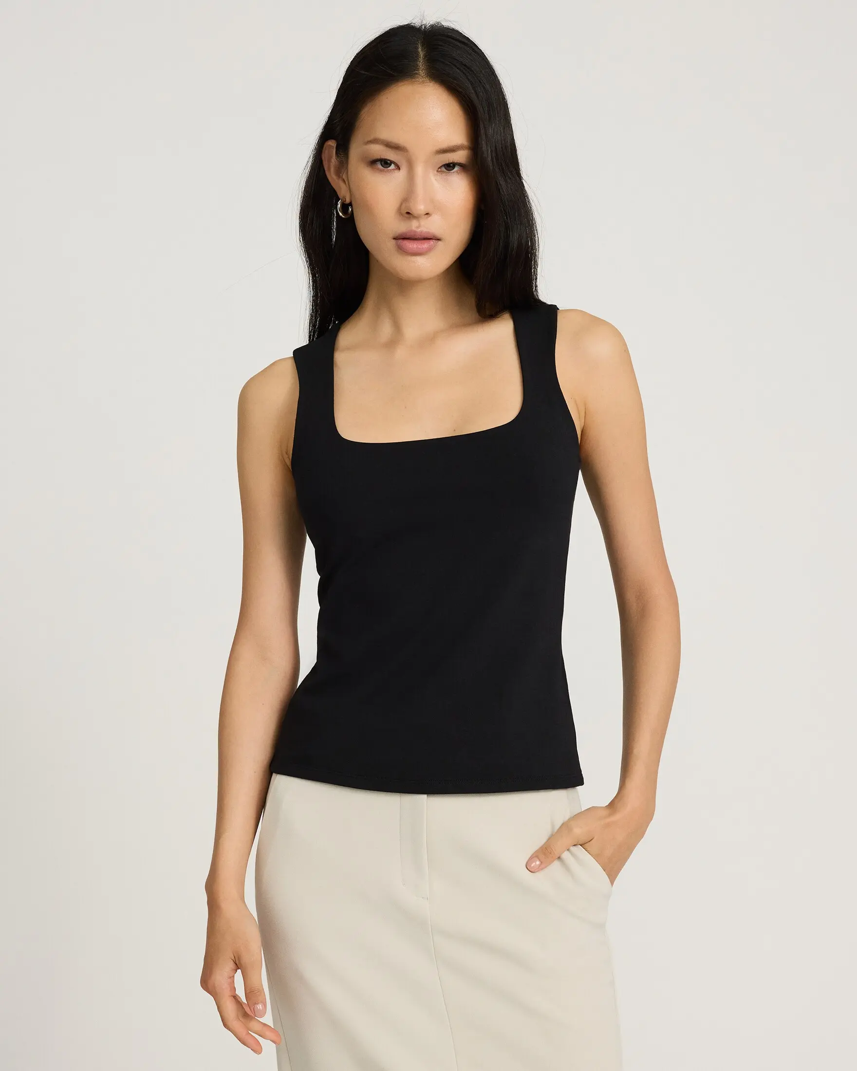Express Body Contour Light Compression Stretch Cotton Square Neck Tank, Fabric, Women