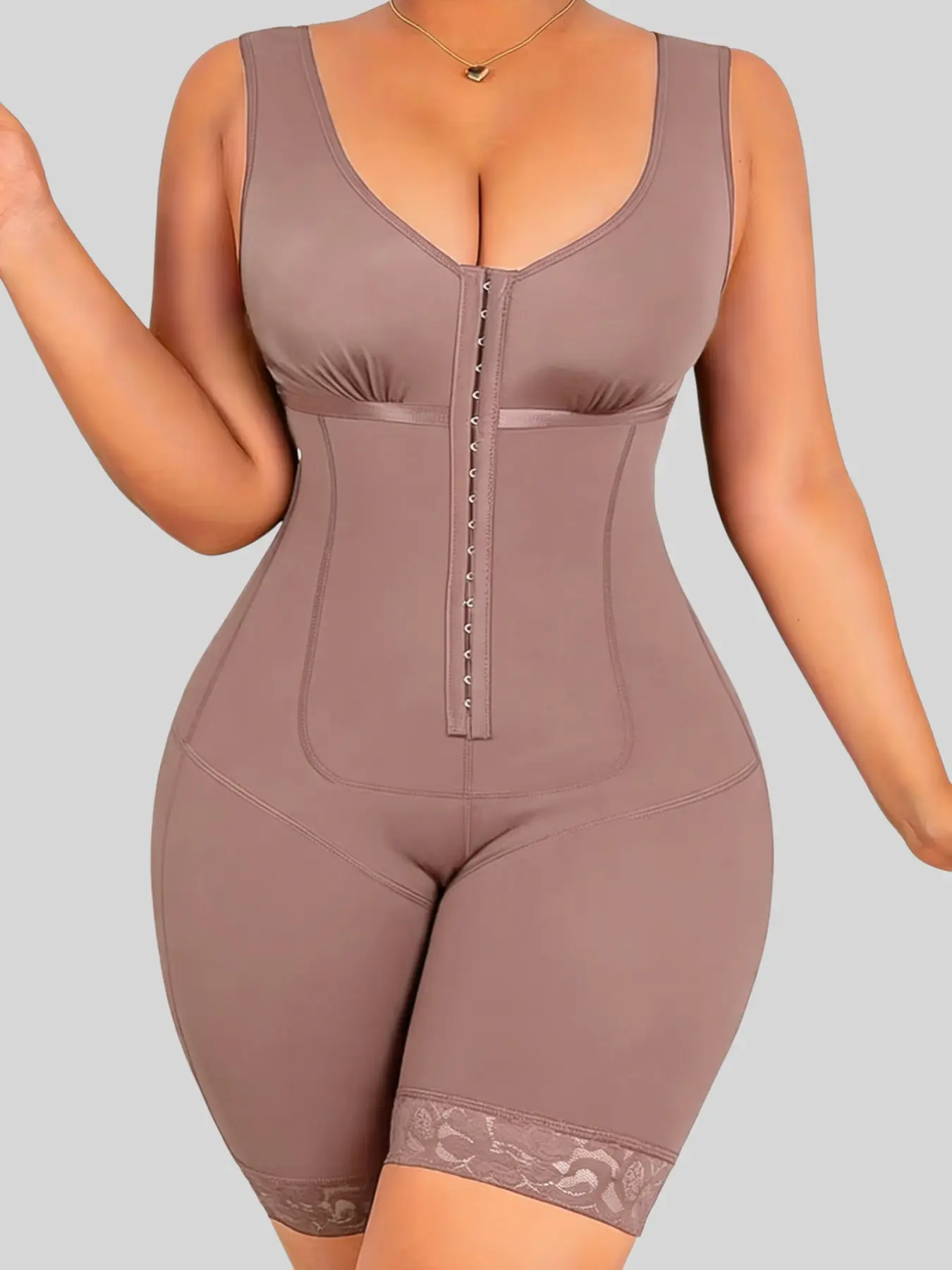 1 Count Women's Anti-Slip Lace Trim Body Shaperwear, Colombian Shapewear, Underwear, Open Crotc Jumpsuit, 3-Row Hook & Eye Firm Compression Body Shaper, Reflective Stripe Under Bust Design Bodysuit, Daily Wear