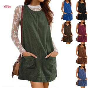 Yeokou Women's Minimalist Casual Short Corduroy Sleeveless Round Neck A-Line Pinafore Jumper with Pockets