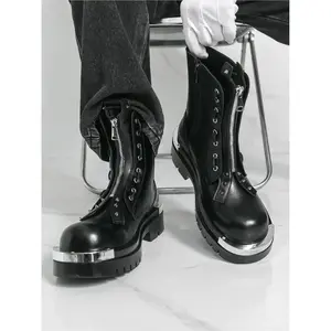 VibeSteps Men's Plus Size Black Punk Style High - Top Leather Boots, Punk Functional Style, Leather Material, Eye - Catching & High Tolerance, Ideal for Trendy Outfits & Niche Occasions, Round Toe Boots