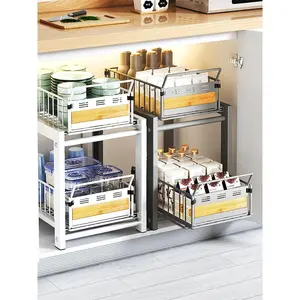 2-Tier Pull Out Under Sink Organizer with Wooden Panel, White Kitchen Cabinet Storage Shelf, Sliding Drawer Organizer for Pots, Pans, Spices