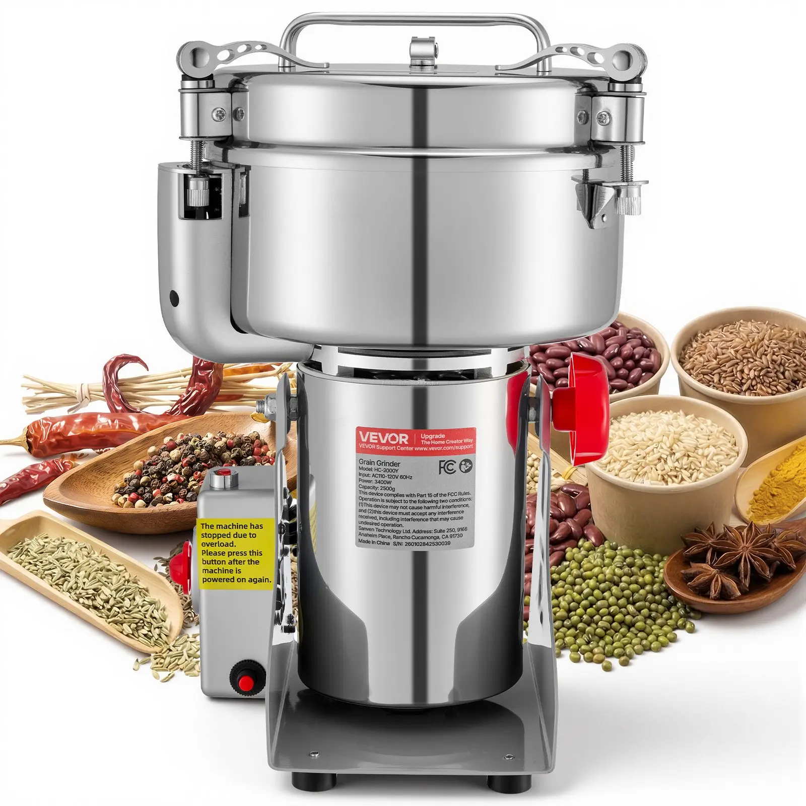 VEVOR 2000g Stainless Steel High-Speed Electric Grain Mill Grinder - 3400W, 32000RPM Pulverizer for Dried Grains, Coffee Beans (270 Swing Type), Pulverizing