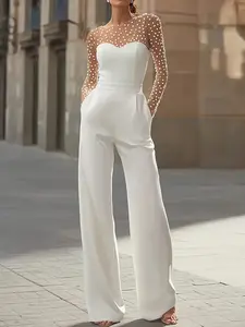 Elegant Pearl Decorated Transparent Halter Jumpsuit, Fashionable Sheer Sleeve Bodycon Romper, Casual Summer