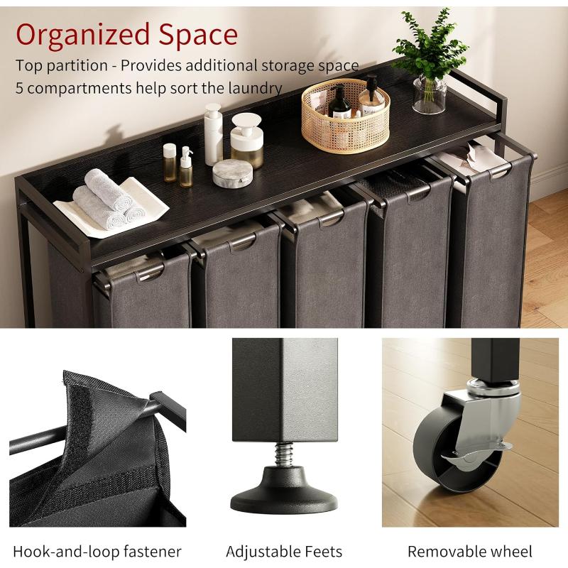 Laundry Hampers with Shelf, Laundry Basket 3 Section, Laundry Sorter with Pull-Out Removable Large 3 Color Bags and Movable Wheels, Metal Frame, 3 x 15.87 Gallons (60L), Rustic Brown PF04XLN