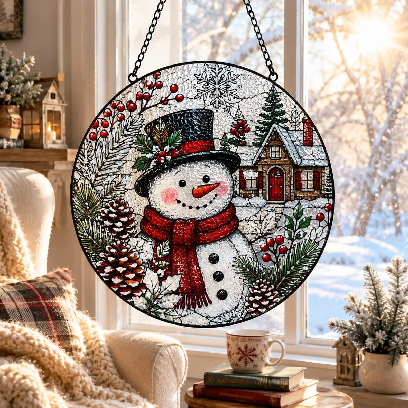 Winter Snowman Suncatcher, Pinecone Snow Window Hanging, Cottage Christmas Window Decor Gift, Light Catching Home Decor