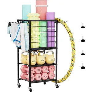 Weight Rack for Home Gym, Workout Equipment Storage Organizer, Home Gym Yoga Mat Storage Rack, Weight Storage Racks with Hooks, Yoga Mat Holder with Wheels for Yoga Block, Dumbbell, Resistance Band