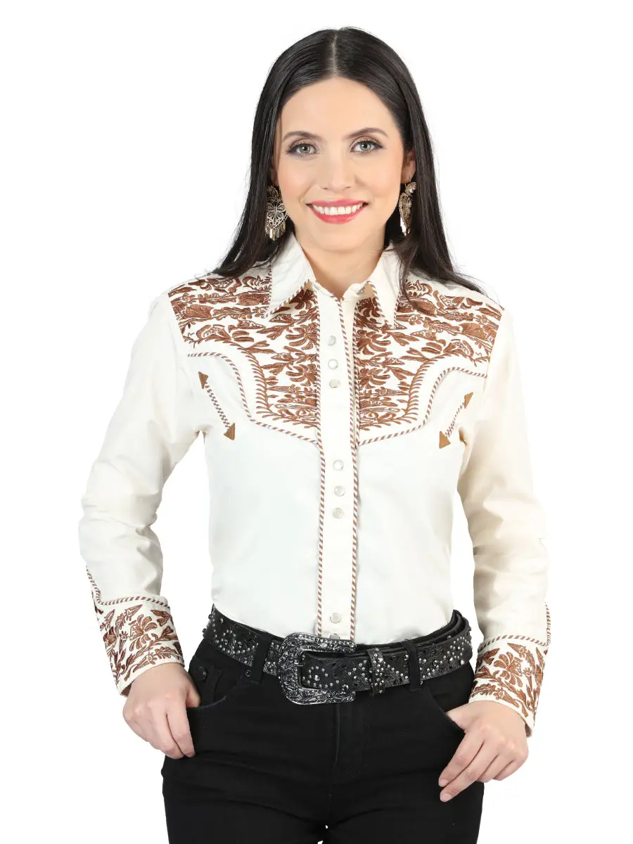 Women's Embroidered Collared Cowboy Button-Up Shirt - Senor De Los Cielos Female Blouse, Beige/Dark Camel, Style 44345