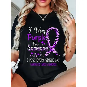 [Purple Heartfelt Message Crew Neck] Women'S Pancreatic Cancer Awareness T-Shirt, Polyester Applique Crew Neck Casual Tee, Purple for Someone & Heartfelt Message, Knit Fabric Top with for All Seasons