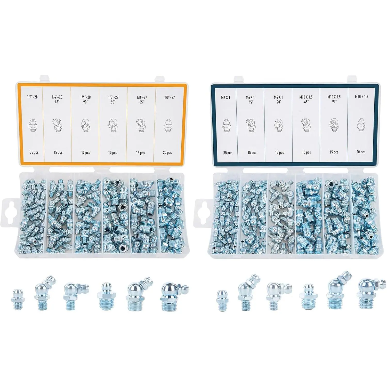 230 count SAE & Metric  Fittings Kit, Hydraulic  Zerk Assortment: 1/4" 1/8" M6 M10 Straight 45 90  Zerks, Galvanized Steel Set for Replacing Missing or Broken Zerk  Fittings