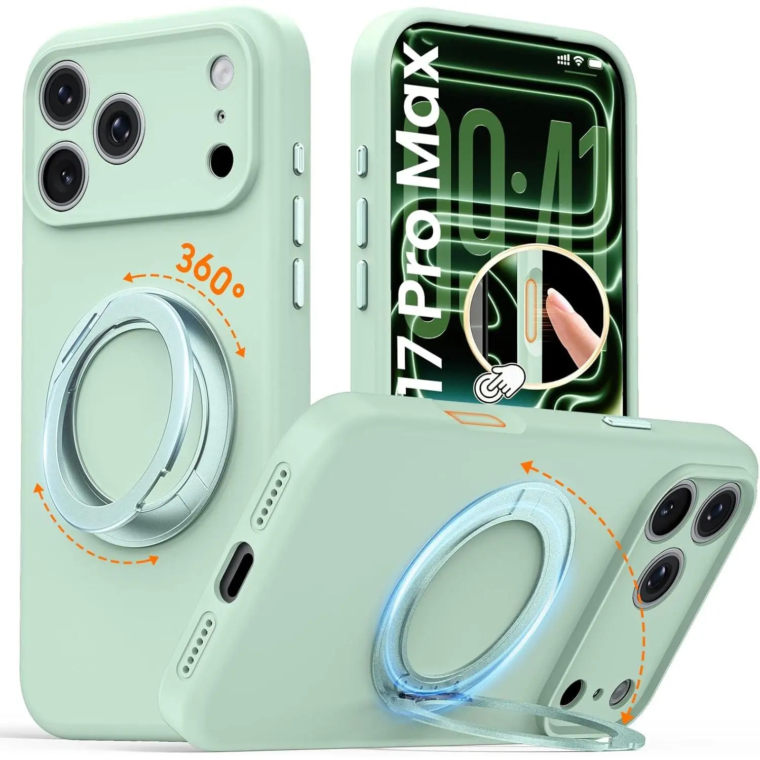 Magnetic Liquid Silicone Smartphone Case for iPhone 17 Pro Max - Magsafe-Compatible, 360° Rotatable Ring Stand, Camera Control, Anti-Scratch Microfiber Lining, 3.0mm Thick Shockproof Cover, Mint Green Cellphone Handheld Devices Accessories