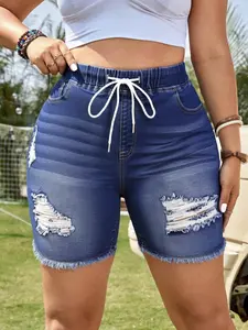 【Plus Size】 Size Ripped Denim Shorts, Casual Drawstring Waist Shorts for Summer, Women's Bottoms for Daily Wear