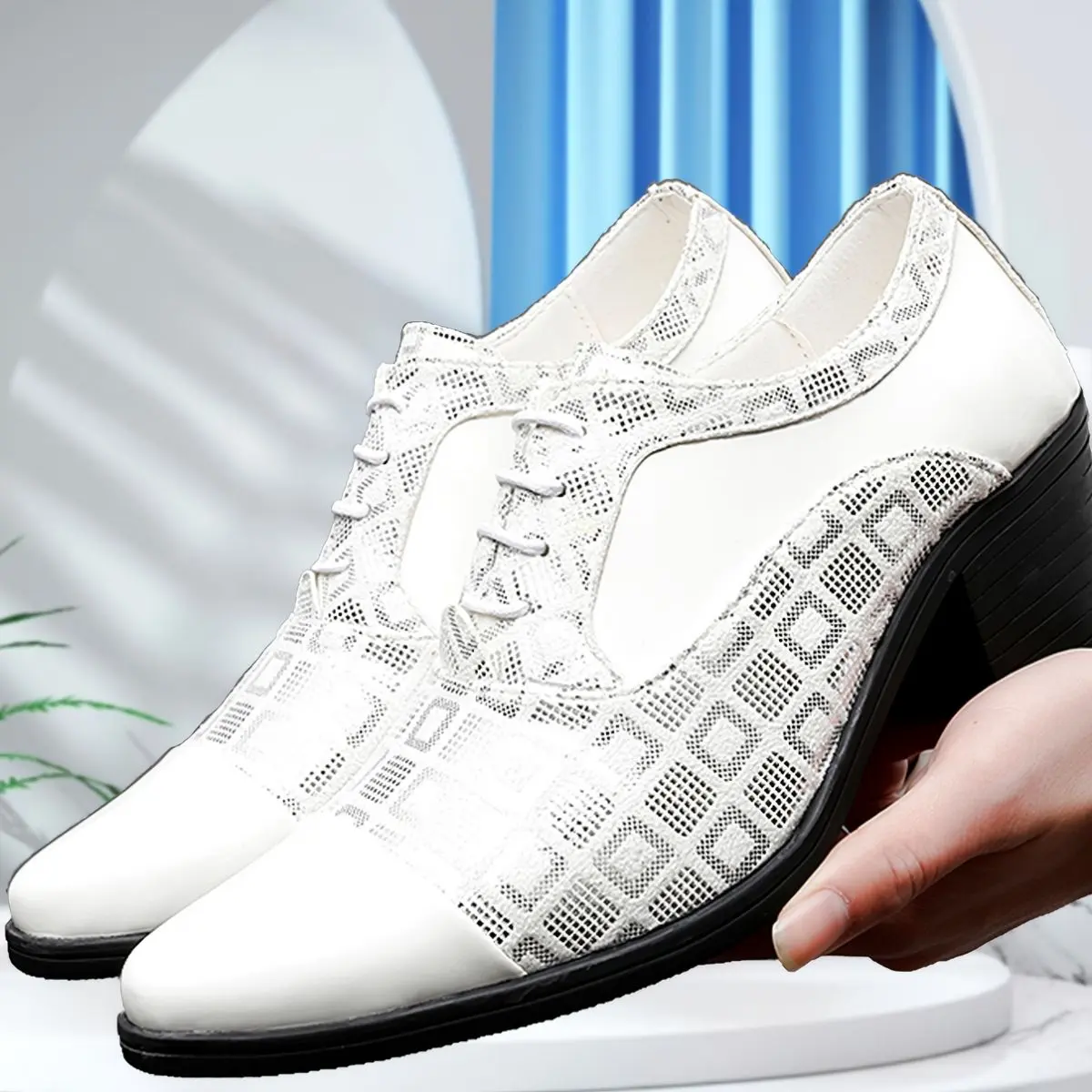 Men's Black and White Chunky Loafers with Geometric Pattern, Height-Boosting Synthetic Leather Lace-Up Office Footwear