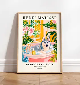 Husky art print, Pink bathroom wall art, Matisse print, Gift for dog lovers, Dopamine decor