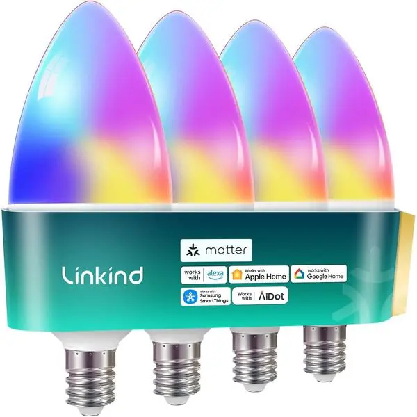 Linkind Matter E12 Led Bulb, Candelabra Color Smart Light Bulbs, 4 Pack | Works with Alexa/Apple Home/Google Home, Chandelier Light Bulbs, Music Sync, 104 Preset Scenes, 2.4GHz WiFi B11 Bulb 470LM