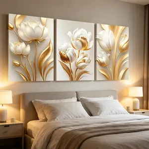 3 Pieces White and Gold Tulip Wall Art, Elegant Floral Abstract Canvas Prints, Modern Spring Flower Posters for Living Room Bedroom, Home Decor & Housewarming Gift, Unframed