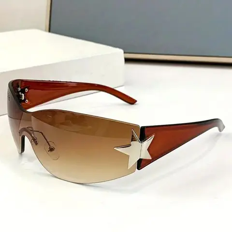 Y2K Star Design Wrap Frame Sunglasses, Preppy Style Clay Brown Gradient Sunglasses for Women, Summer Trendy Sunglasses for Outdoor Activities, Casual Stylish Glasses, Fashion Glasses, Trendy Beach Eyewear, Trendy Fashion Shades