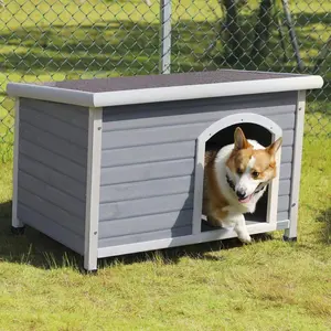 [5-year warranty] Petsfit Large Dog House, Wooden Outdoor Dog Kennel w/Hinged Roof, Weatherproof Dog Houses for Medium Dogs Outside w/Adjustable Foot Pads, 40.8" L X 26" W X 27.6" H, Gray