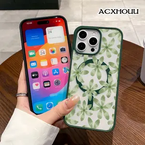 Magnetic Compatible Case for iPhone 17 16 E Pro Max 15 Plus 14 13 12 11 XS XR, Cute Sage Green Watercolor Flower Print Design | Shockproof, Stylish, Girly, Scratch Resistant, and Silicone Protection