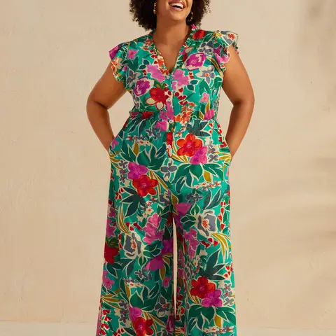 BloomChic Sunkissed Floral Print Button Wide-Leg Jumpsuit 【M-6XL】