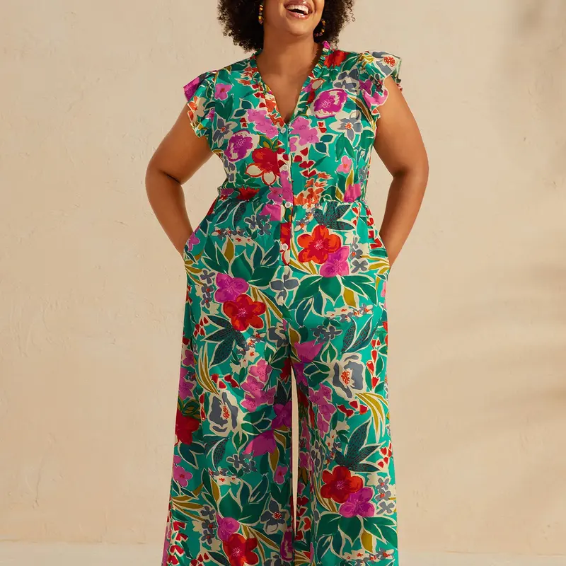 BloomChic Sunkissed Floral Print Button Wide-Leg Jumpsuit 【M-6XL】