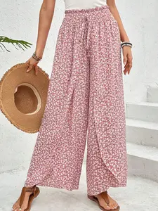 A women's floral fashion versatile wide-leg skirt with side slit, suitable for summer, suitable for beach, sand, party and other occasions
