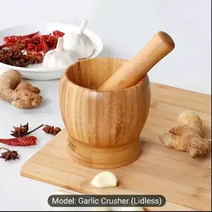 Wooden Mortar and Pestle, Lidless Garlic Crusher with Sturdy Construction, Kitchen Utensils for Garlic Grinding, Herb & Pepper Prep, Versatile Use with Oil Scoop and Whisk