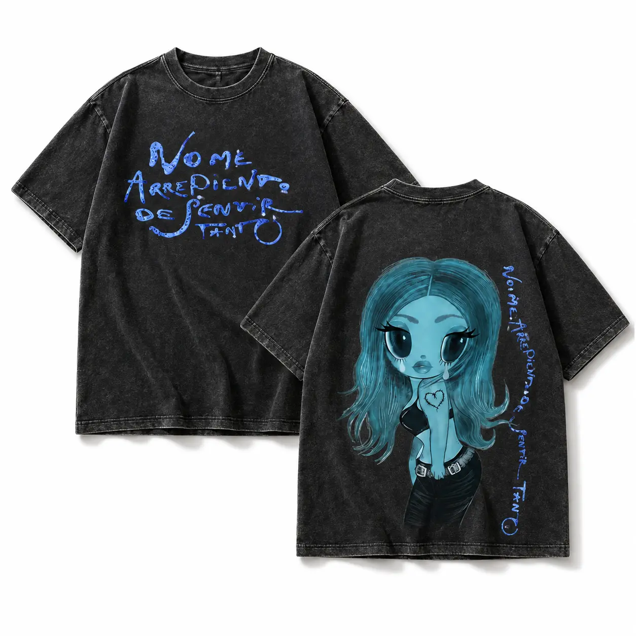 《No Me Arrepiento de Sentir Tanto》Vintage Washed Blue Hair Girl Graphic T-Shirt, Double-Sided 250GSM Heavyweight Cotton, Y2K Dark Streetwear for Men Women