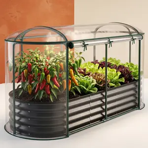 3-in-1 Outdoor Rectangular Steel Raised Garden Bed with Weatherproof Heavy-Duty Metal Planter Box, Large Size Greenhouse Cover for Year-Round Growing (Black)