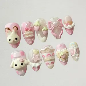 3D Dessert Press On Nails: Kawaii Strawberry Cake Bunny Art