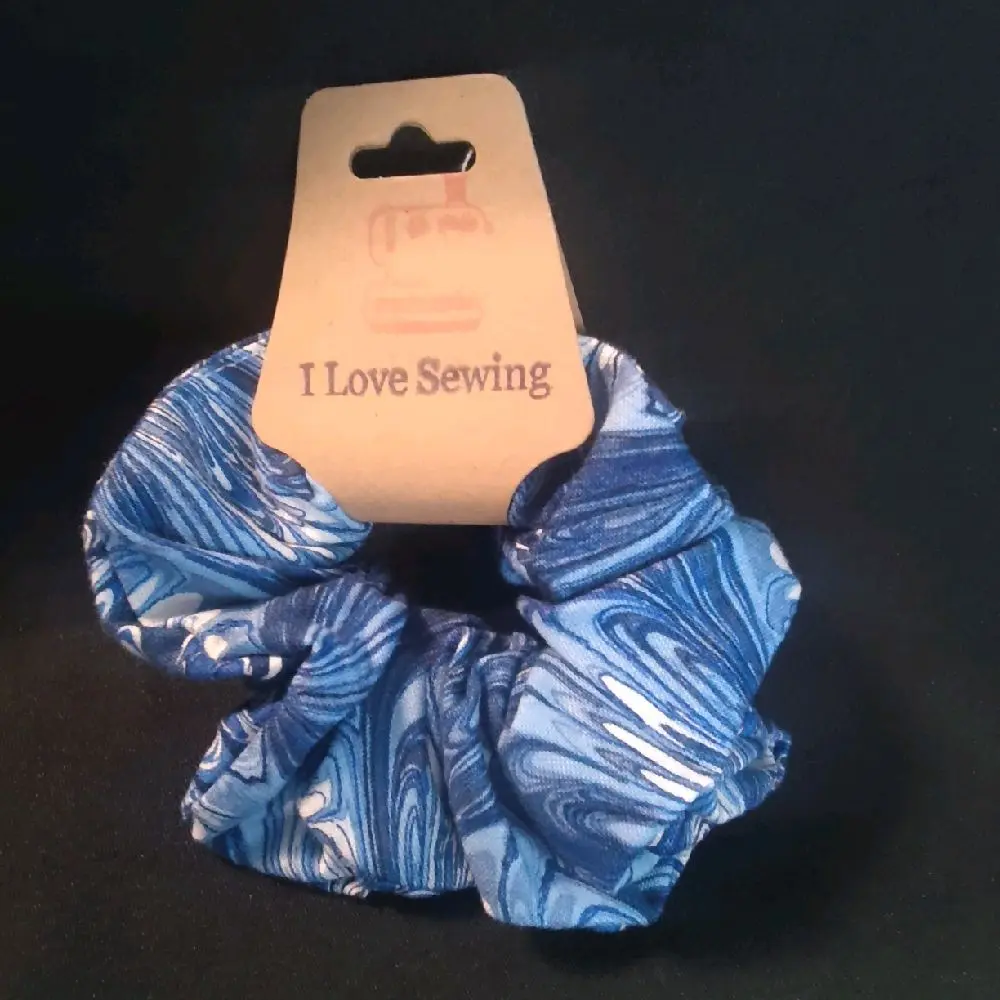 I Love Sewing Blue Pour Painted Swirls Scrunchie Fashion Accessory for Sewing Enthusiasts