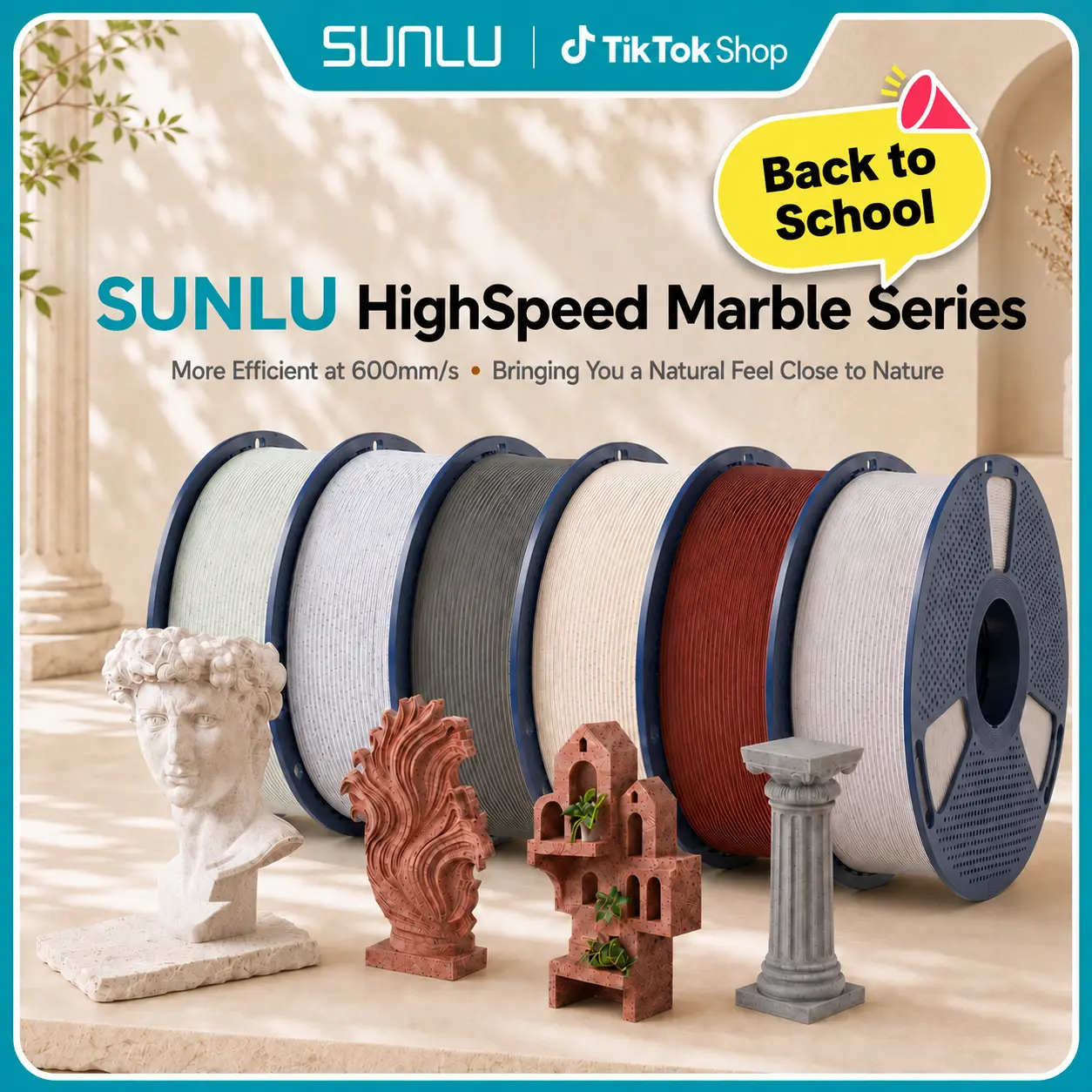 SUNLU 1KG 3D Filament | 1KG/Roll (1.75mm Diameter, 1KG Equals 330m), High-Speed Fast Print High-Detail Marble Look, Smooth Surface, Bubble-Free, Compatible with Bambulab Creality Anycubic Elegoo Printers, for Sculptures tiktokshopbacktoschool