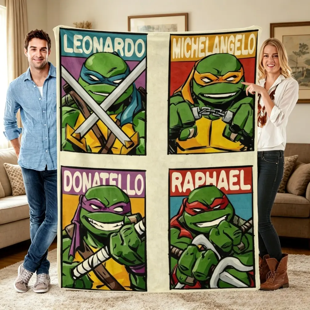 Teenage Mutant Ninja Turtles Character Grid Flannel Blanket, TMNT 4 Brothers Print Throw, Soft Cozy Blanket for Sofa Bed, Nostalgic Fan Gift