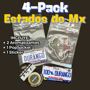 4 Pack DURANGO Estados de Mexico | 2 Aromarizante, 1 Die Cut Sticker, 1 Sujetador tipo PopSocket | Mexican Products