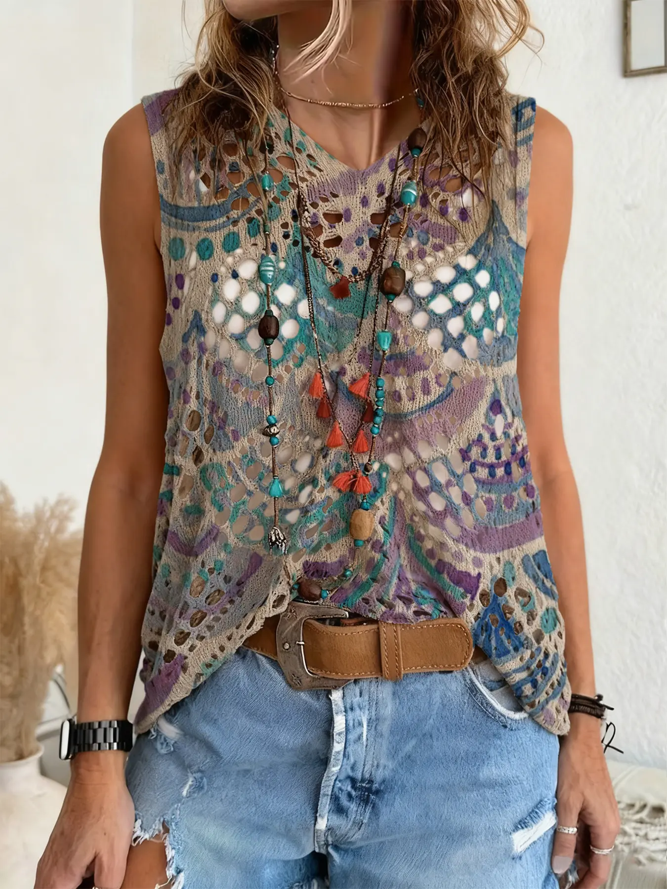Spring Summer V Neck Hollow Out Shoulderless Knit Top, Fish Scale Print Ladies Sweater, Casual Elegant Commuter Wear, Boho Beach Cover-Up