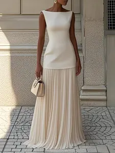 Women's Sleeveless Pleated Maxi Dress - Polyester-Spandex Blend, Elegant Round Neck, Basic Chic Minimalist Casual Wear