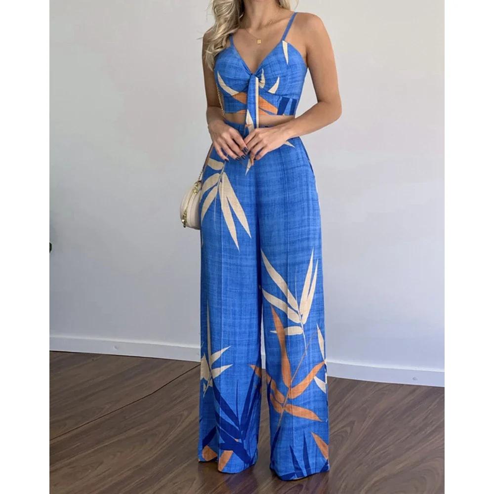 Tropical Print Spaghetti Strap Casual Lace up Back Top &High Waist Pants Set