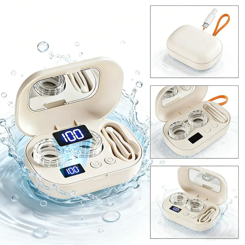 Portable Contact Lens Cleaner,Ultrasonic Lens Cleaning Box, Eye Care Product for Women & Men Rechargeable Eye Contact Cleaner with Vanity Mirror Compact Contact Lens Cleaner with Two Cleaning Modes Fits Hard,Soft, Multicolor Contact Lens
