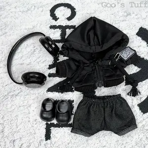 Handmade Cute Plush Doll Outfit Set with Black Hoodie, Pants, Shoes & Mini Backpack, Fashion Clothing Accessories for 17cm Collectible Dolls, Streetwear Style Doll Dress Up Costume for Toy Figure Display & Photography