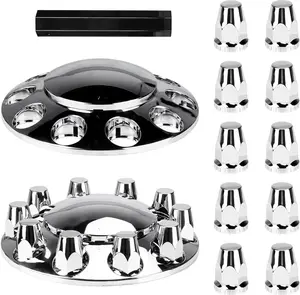 ABS Chrome Plastic Front Axle Cover Kits with 33mm Thread-on Nut Covers for Semi Trucks in Pairs (Standard)