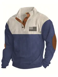 Men's national flag print color-blocked casual hoodie, Casual Streetwear Sweatshirt, vertical striped elbow patches, autumn and winter half-button long sleeve coat, loose collar inner wear, simple and casual men's printed coat