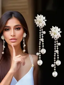Vintage-Inspired Faux Pearl Tassel Earrings, Statement Earrings, Elegant Flower Studs for Women, Perfect for Weddings & Everyday Glam